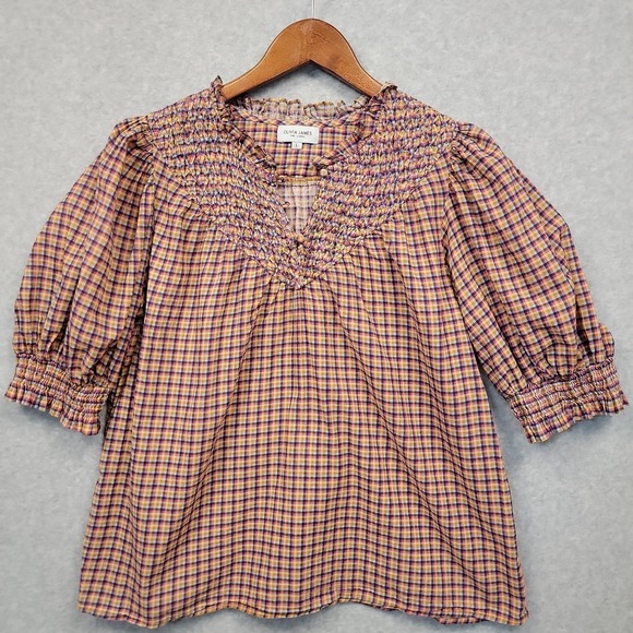 Olivia James Tops - Olivia James The Label Women Large Plaid Smocked Puff Sleeve Blouse Top Cotton